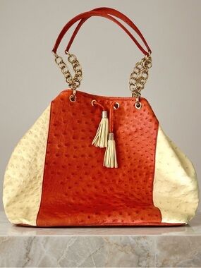 [Victor Hugo] Orange Large Leather Tassel Satchel Tote